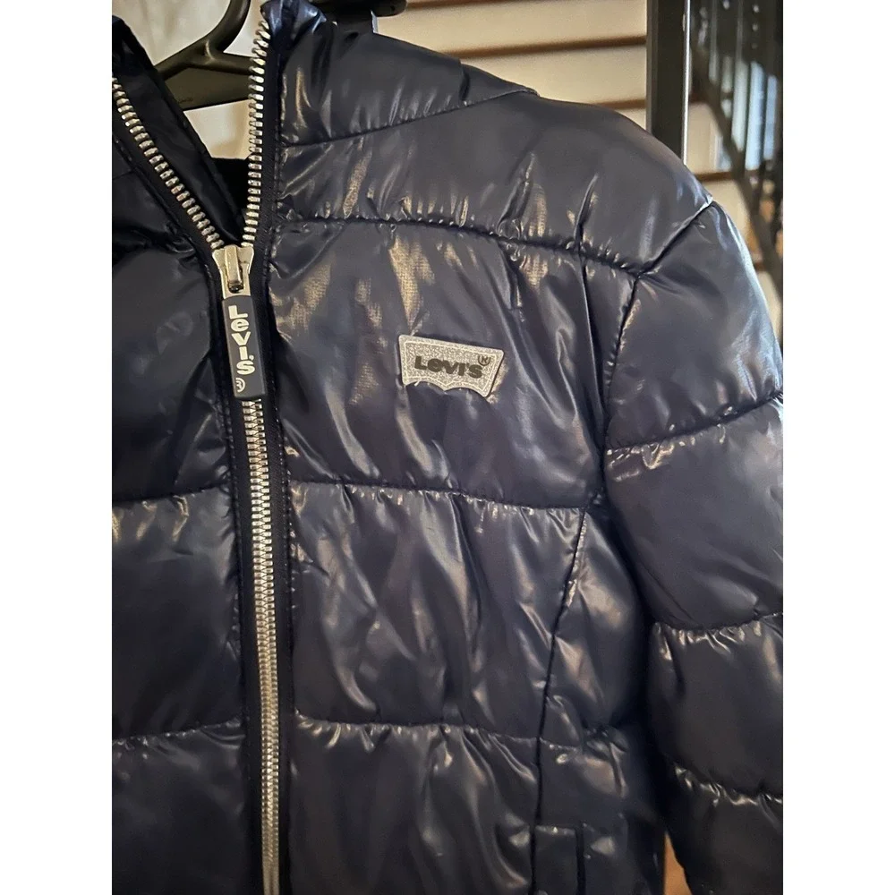 Toddler Kids Size 3T High Shine Puffer Coat Jacket Hood Navy Blue